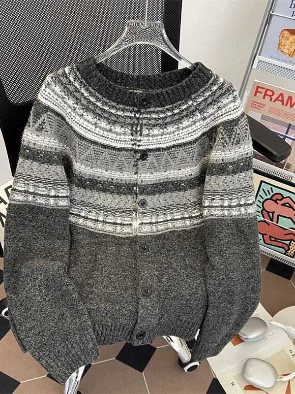 

Американский ретро-кардиган из трикотажа с круглым вырезом, свободный повседневный свитер на осень-зиму для мужчин и женщин