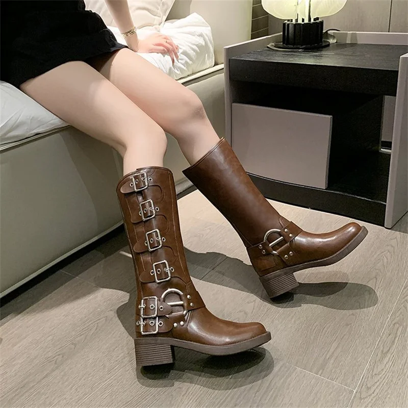 Vintage Knee Length Boots Belt Buckle Thick Heel Boots Women Summer Cowboy Boots Cavalry Fashion Boots shoes for women