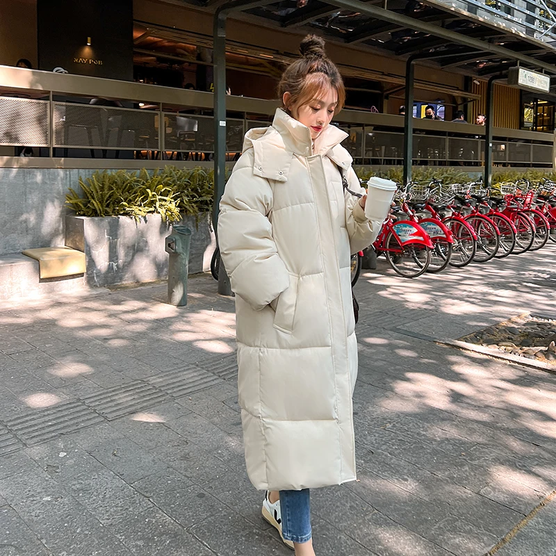 2024 겨울 신사복 롱 코튼 코트 두꺼운 따뜻한 DownCotton-padded Jacket OverKnee 한국 스타일 슬림 피트 코튼 코트