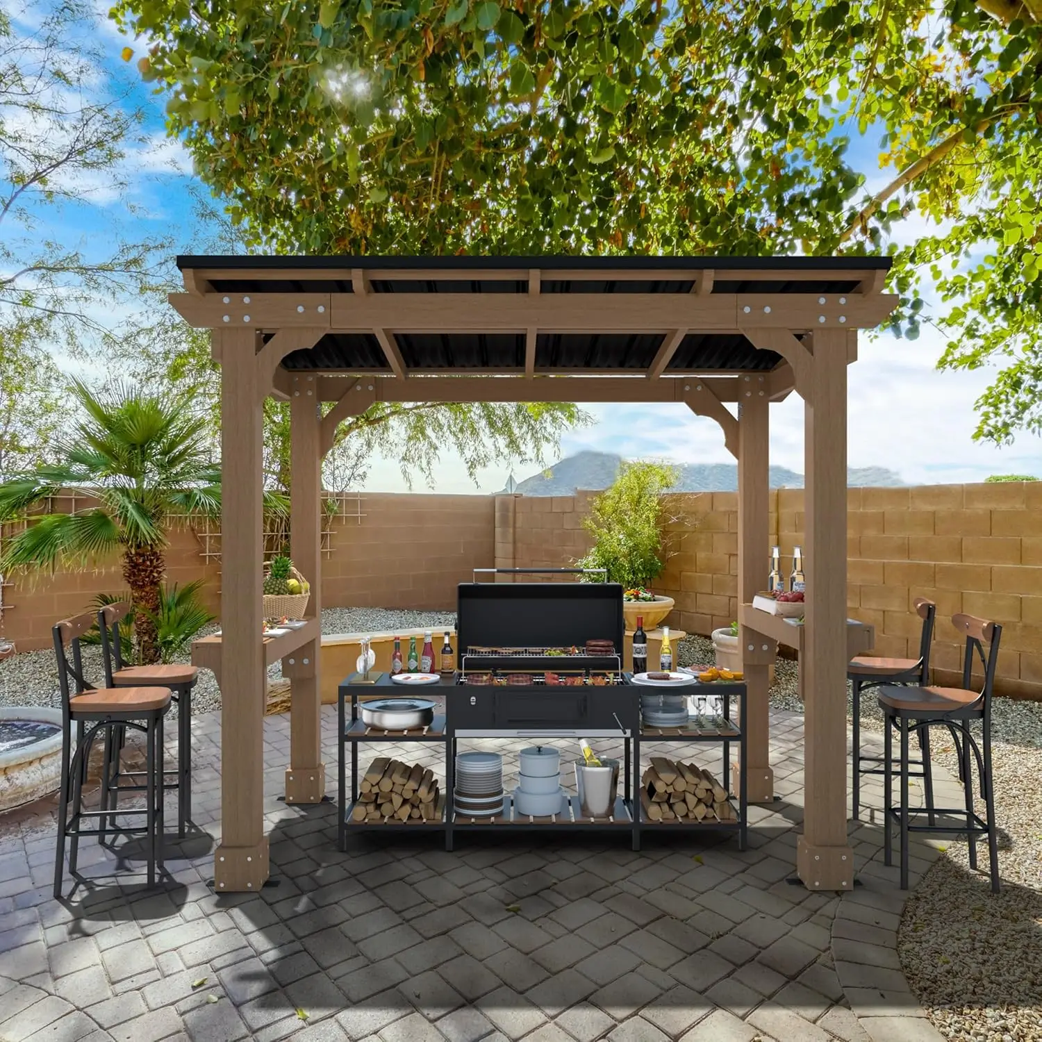 Wooden Grill Gazebo 8'x5' Metal Roof Rain Drainage Cedar Frame Heavy Canopy Full-Size BBQ Outdoor Patio Lawn Garden, Customized