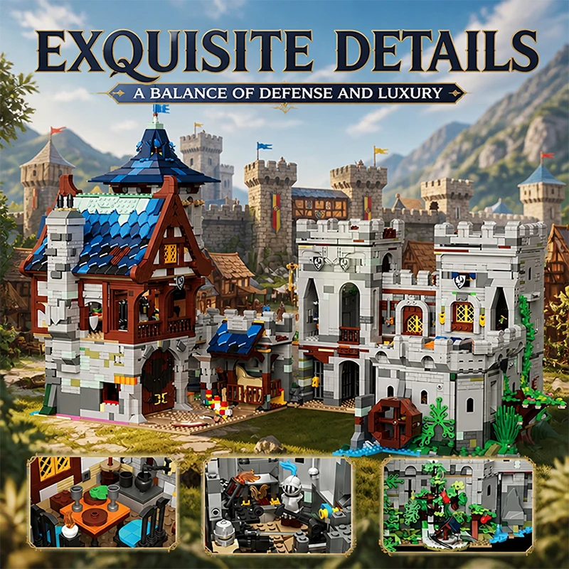 6640-teiliges Set „Mittelalterlicher Waldschloss-Bausteine“, mittelalterliche Straßenansicht, modulares Architekturmodell-Set mit Brückentor, Turm und Pferdekutsche, Sammelbausteine, DIY-Bausatz,