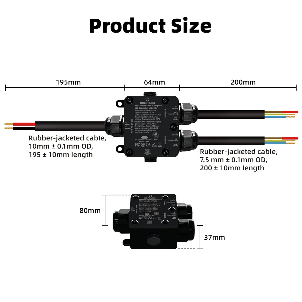 IP65 Waterproof DOMRAEM ESP32 WLED 2CH LED Controller | Outdoor Use, 20A Fuse & Music Sync | Supports WS281X SK6812 APA102   ICs