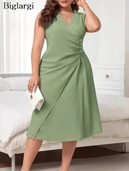 Plus Size Summer Sleeveless Dress Women V-Neck Elegant Irregular Pleated Slim Fashion Ladies Dresses Ruffle Woman Midi Dress