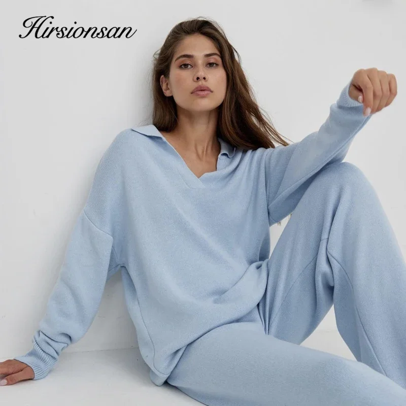 Hirsionsan Winter Thick Women Knitted Suits Soft 2 Pieces Cashmere Female Sets Polo Neck Sweater & Wide Leg Pants Knitted Outfit