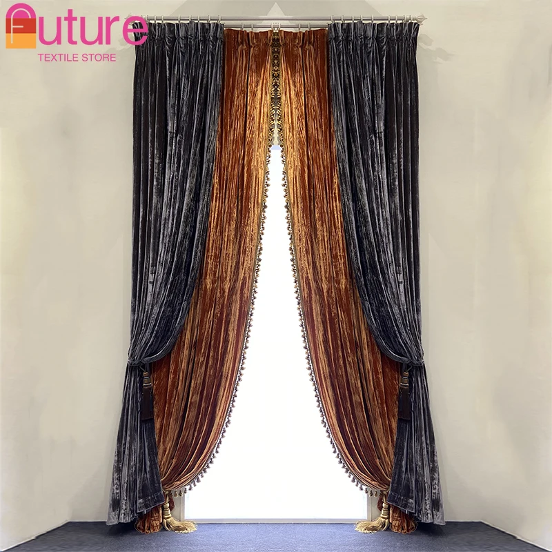 

Vintage High-end Purple Caramel Velvet Patchwork Curtains for Living Room Bedroom Villa Customized Finished Products