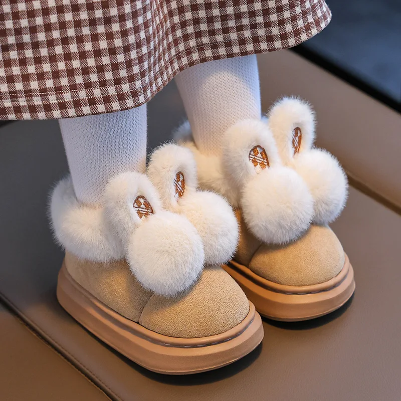 Kids'Slippers Plush Cartoon Fluffy Suede Winter Shoes For Children Anti-slip Thick Bottom Home Slipper Black Pink Size 24-41