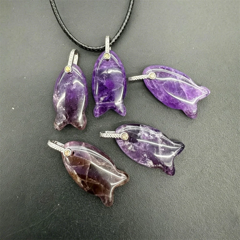 1pc Fashion Carved Natural Stone Amethysts Rose Quartz Fish Shape Pendants Fit Jewelry Making Charms DIY Accessories for Ladies