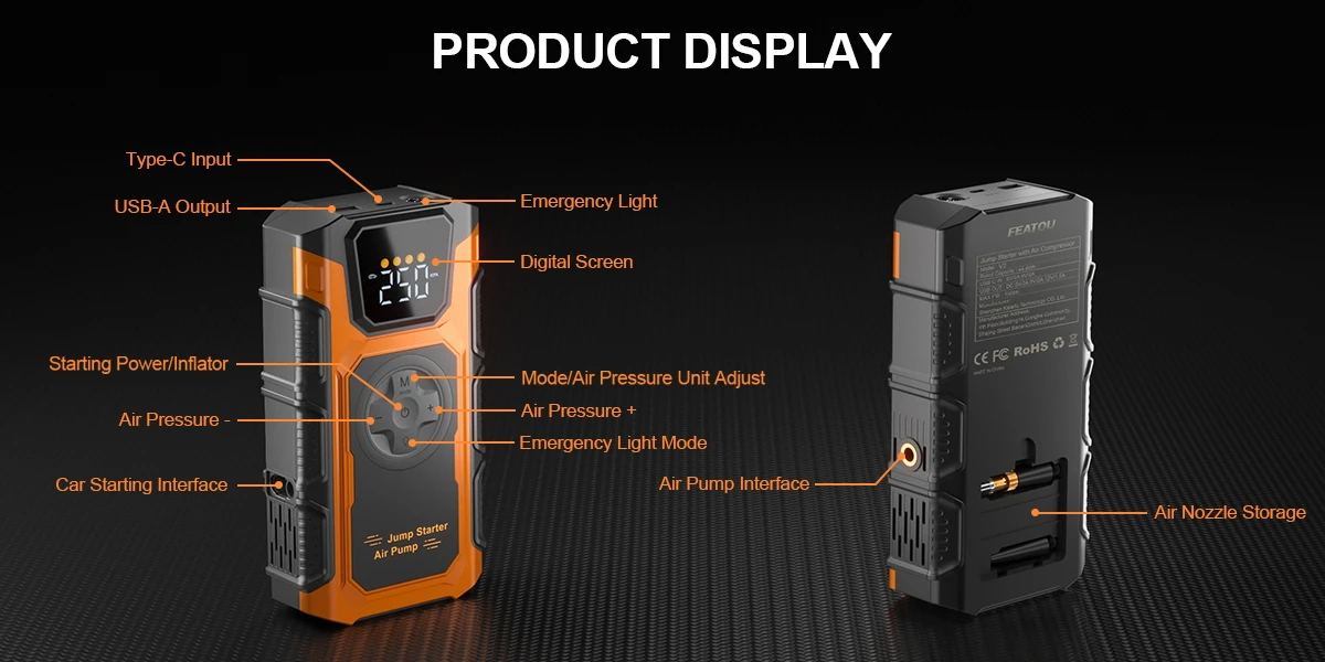 FEATOU 12000mAh Car Jump Starter,Portable Jumper Starter Battery Pack for up to 8.5L Gas&7.0L Diesel Engines,12V Auto Battery Boost