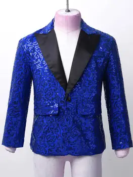 Kids Boys Shiny Sequins Coat Modren Competition Dance Performance Jacket Banquet Party Long Sleeve Tuxedo Suit with Fedora Hat 5