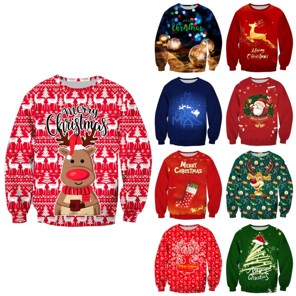 

Christmas deer hoodie for boys Christmas Round Neck Sweater Christmas Longhorned Deer Sweater Digital Print Chain Hoodie Sweater