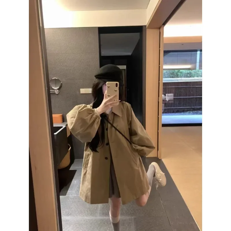 Khaki Puff Sleeve Trench Coat Female 2024 Spring and Autumn New Style Loose Little Fellow Fallow Mid-length Style Jacket Fashion