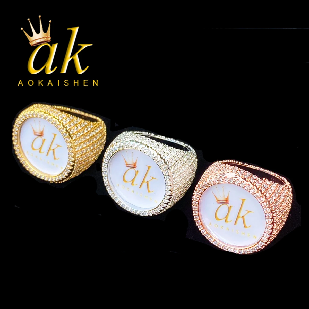 

Aokaishen Iced Out Custom Photo Round Circle Ring for Men Personalized Picture Cubic Zirconia Hip Hop Jewelry