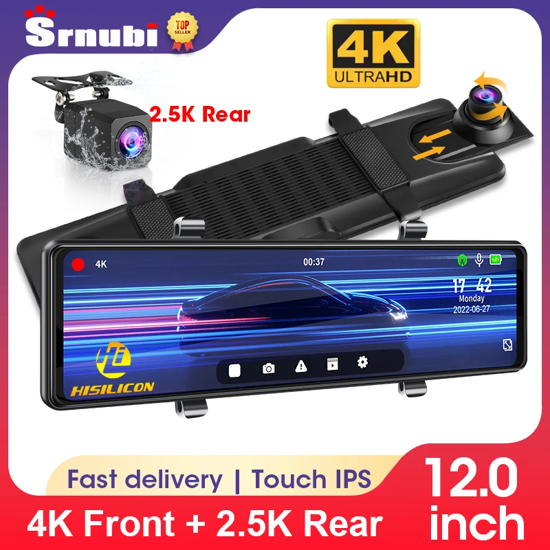 

Srnubi 12-inch Car DVR 4K+2.5K Dash Cam 2160P Right Lens Recorder Dual Lens Rear View Camera GPS Track Playback 24H Parking
