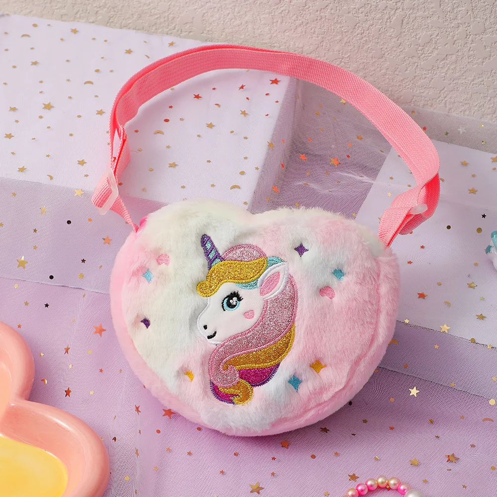 Lovely Heart Shape Handbags For Girls Embroidery Unicorn Kids Shoulder Bag Baby Girl Mini Purse