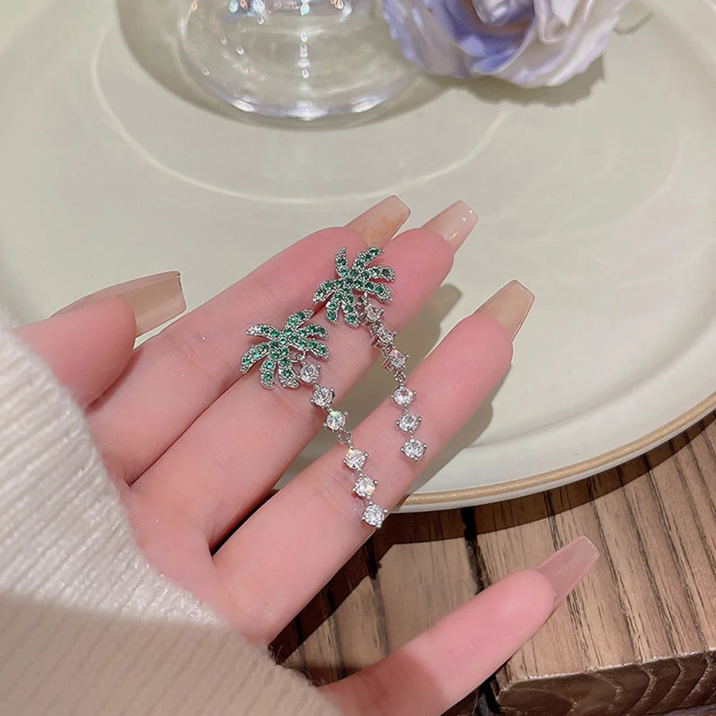 

Zircon Coconut Tree Earrings for Women Beach Clothing Copper Dangle Costume Palm Treeearrings