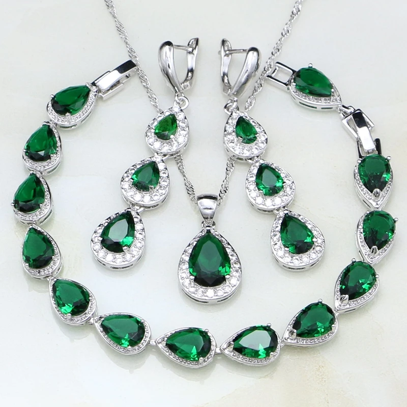 Water Drop Green Cubic Zirconia White CZ 925 Silver Jewelry Sets For Women Wedding Earrings/Pendant/Necklace/Bracelet view 6