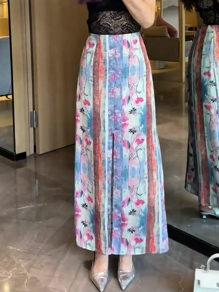 

Vaion Sle adient Floral Asymmetrical High Waist A-Line Skirt 2025 Summer New Small Artistic Feeling f-length Skirt