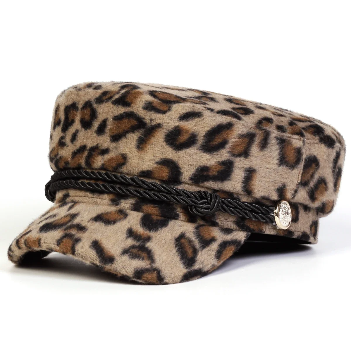Unisex Plush Leopard Print Navy Cap Autumn Winter Sailor Hats Beret Hat Men Flat Top Captain Military Caps