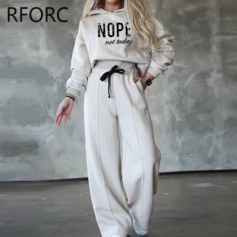 2023 Women Letter Print Hooded Sweatshirt Top & Drawstring Bottoms Two Pieces Casual Pants Set