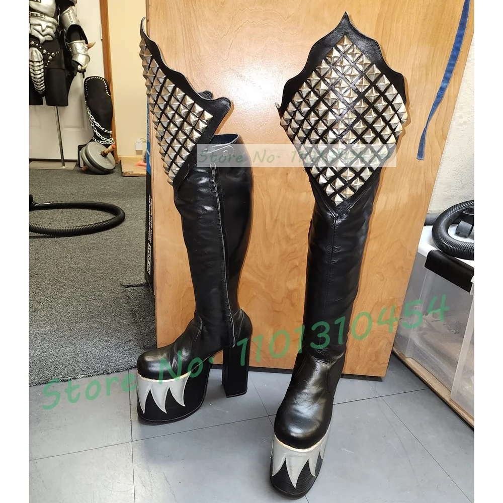 Black Knee High Platform Demon Boots Men Women Sexy Chic Silver Flame Design Metal Rivets Shoes Ladies New Cosplay Biker Boots