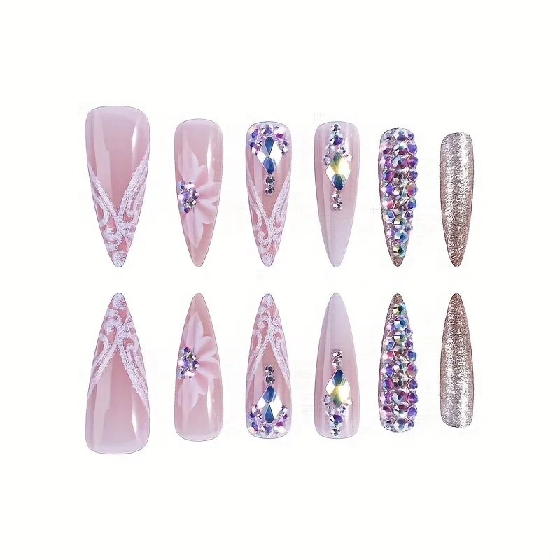 24 pièces printemps/été brillant longues amande strass ongles à pression, faux ongles mi-longs avec diverses combinaisons de strass