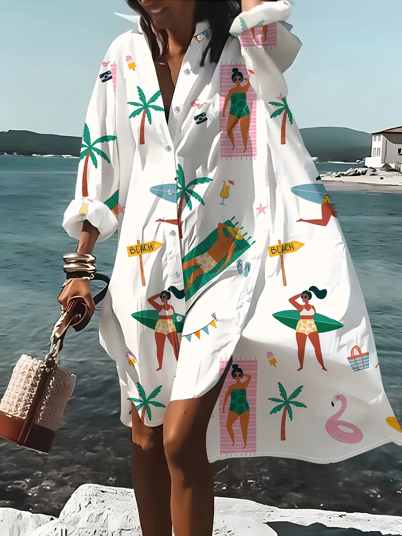 Women Long Sleeve Button Down Dress Tropical Palm Tree Print Vacation Style Casual Summer Dress for Beach Holiday Spring