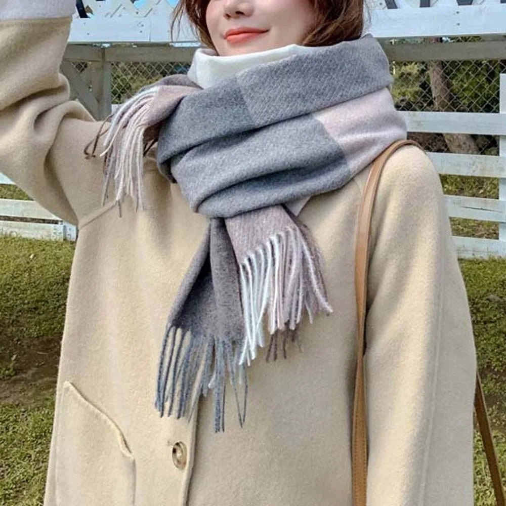 

Shawl Wool Classic Plaid Scarf Soft Polyester Knitted Wool Scarf Cold-proof Korean Style Long Neckscarf with Tassel Windproof