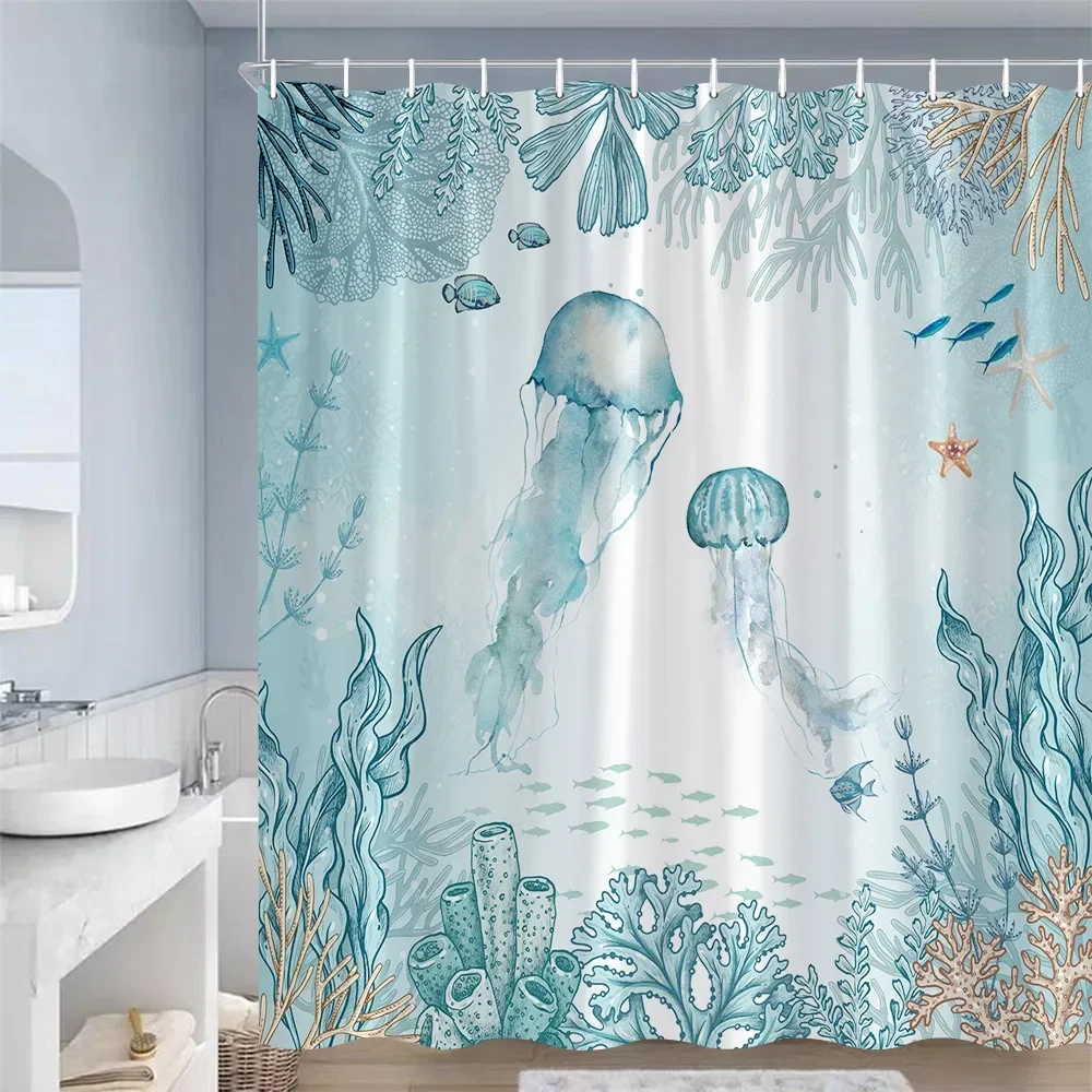 Ocean Animals Shower Curtains Sea Turtles Starfish Coral Seaweed Underwater Scenery Polyester Bathroom Curtain Decor with Hooks