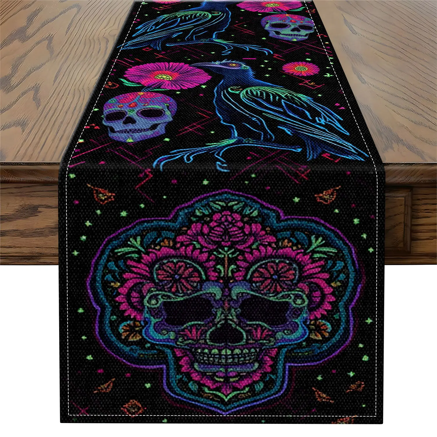

1 Piece Halloween Themed Table Runner with Skull, Crow, and Floral Patterns for Party Table Decoration