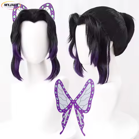 Kochou Shinobu Cosplay Wig Black Purple Heat Resistant Synthetic Hair Anime Wigs + Wig Cap
