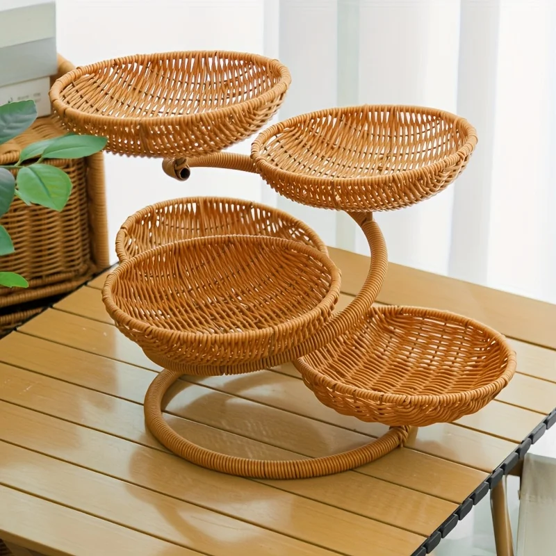

Multi-Layer Fruit & Snack Basket, Handwoven Rattan Style. Perfect Rising Bread & Dessert Organizer for Your Table.