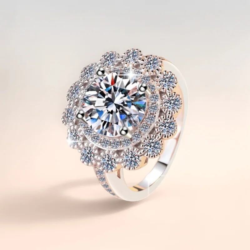 

3CT S925 SILVER PLATED PT950 MOISSANITE RING EUROPEAN BOLD FASHION FLORAL HEAD JEWELRY GBA CERTIFIED VERSATILE TRIPLE LAYER