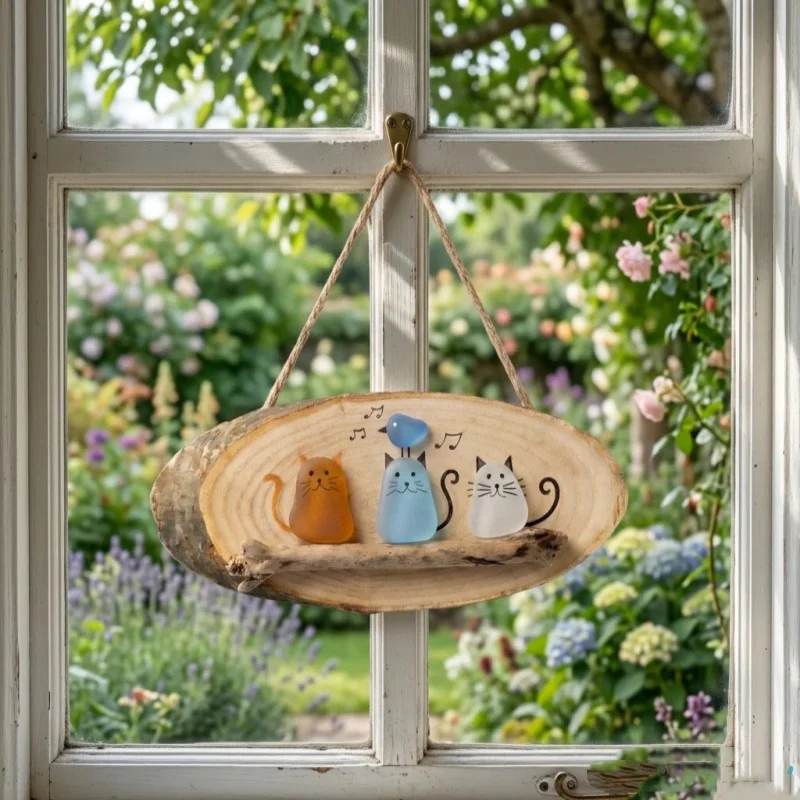 Handmade Sea Glass Cat Wall Art, Driftwood Hanging Decor Rustic Wood Slice Ornament for Cat Lovers, Wall Hanging for Door Window