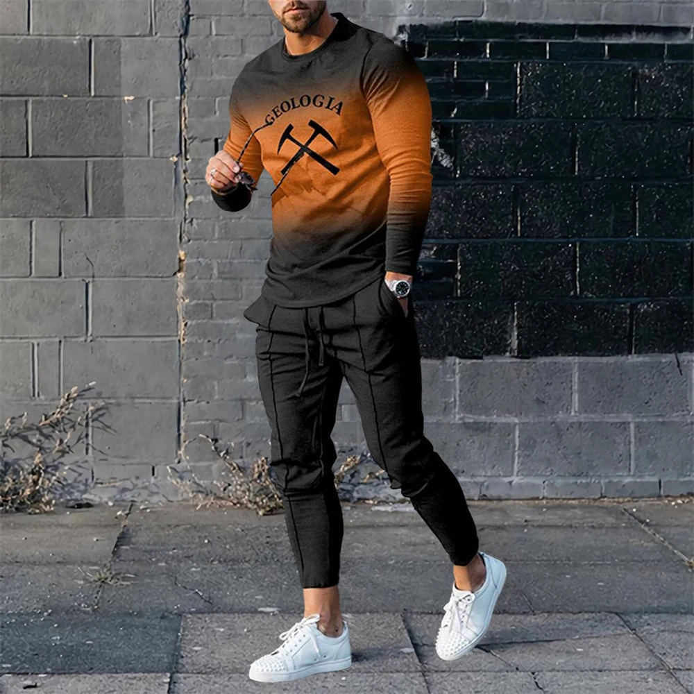 Men Spring And Autumn Vintage Tracksuit Casual long Sleeve T-Shirt+Pants Suit two-Piece Set Man Clothing 2024 Street Sportswear