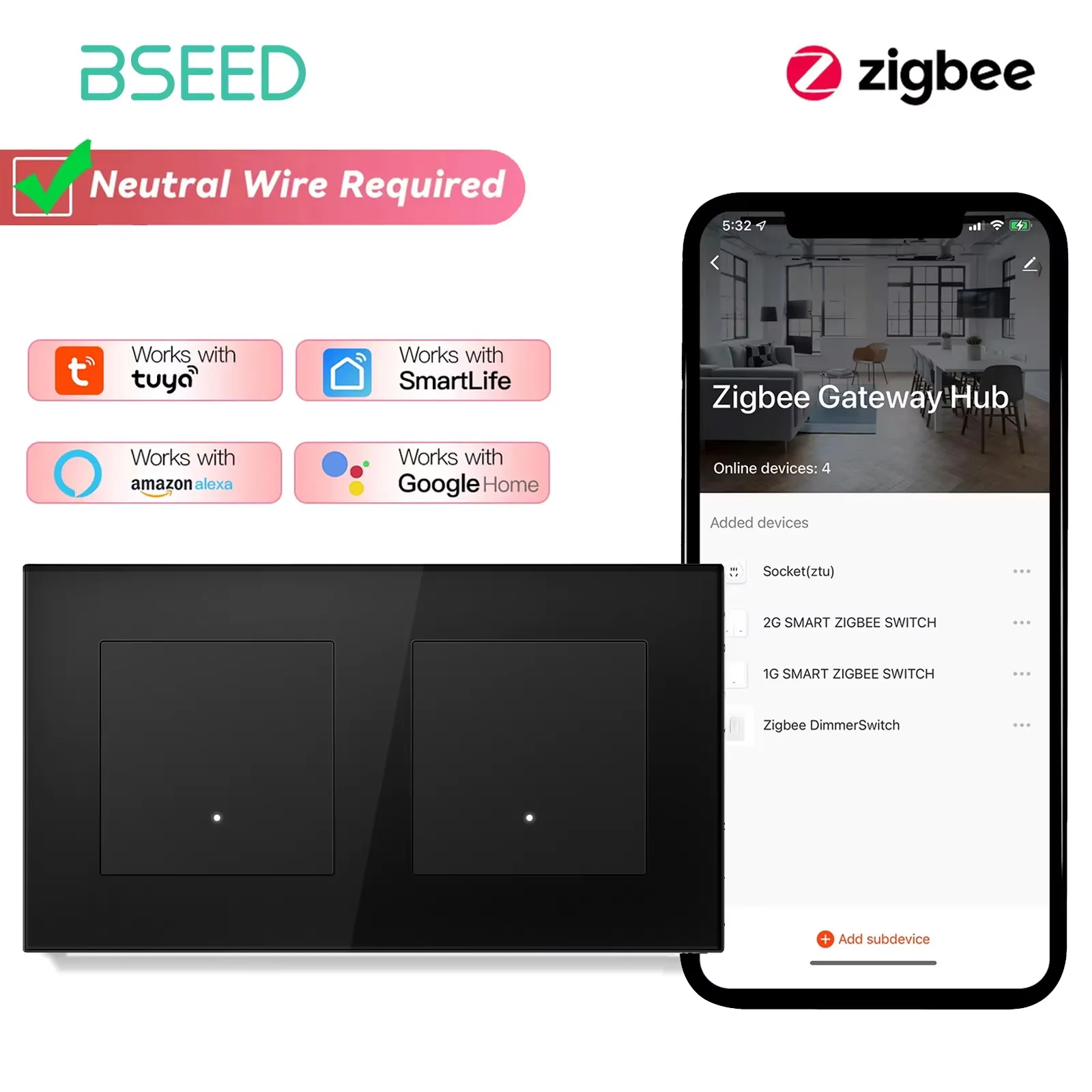 BSEED Zigbee 1/2/3Gang Smart Click Lichtschalter 1/2/3Way Tuya Smart Life Alexa kompatibel plus EU-Steckdosen Glasplatten 9
