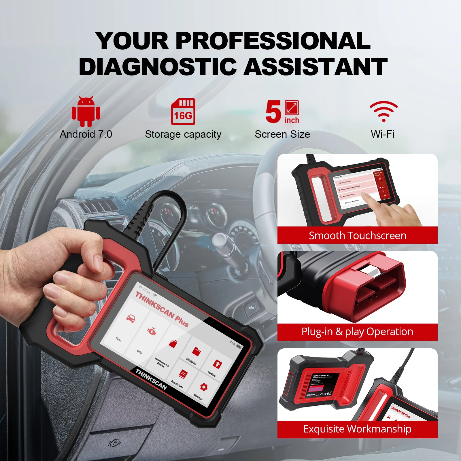 THINKCAR Thinkscan Plus S4 Obd2 Scanner Car Diagnostic Tools 5 System 3 Reset Oil IMMO Life Free Auto VIN Scan Tool Code Reader