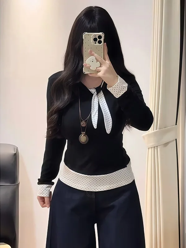 

Женская модная футболка больших размеров с длинным рукавом, в горошек, с бантом, для осени, с эффектом похудения, имитация двухслойности, для полных женщин