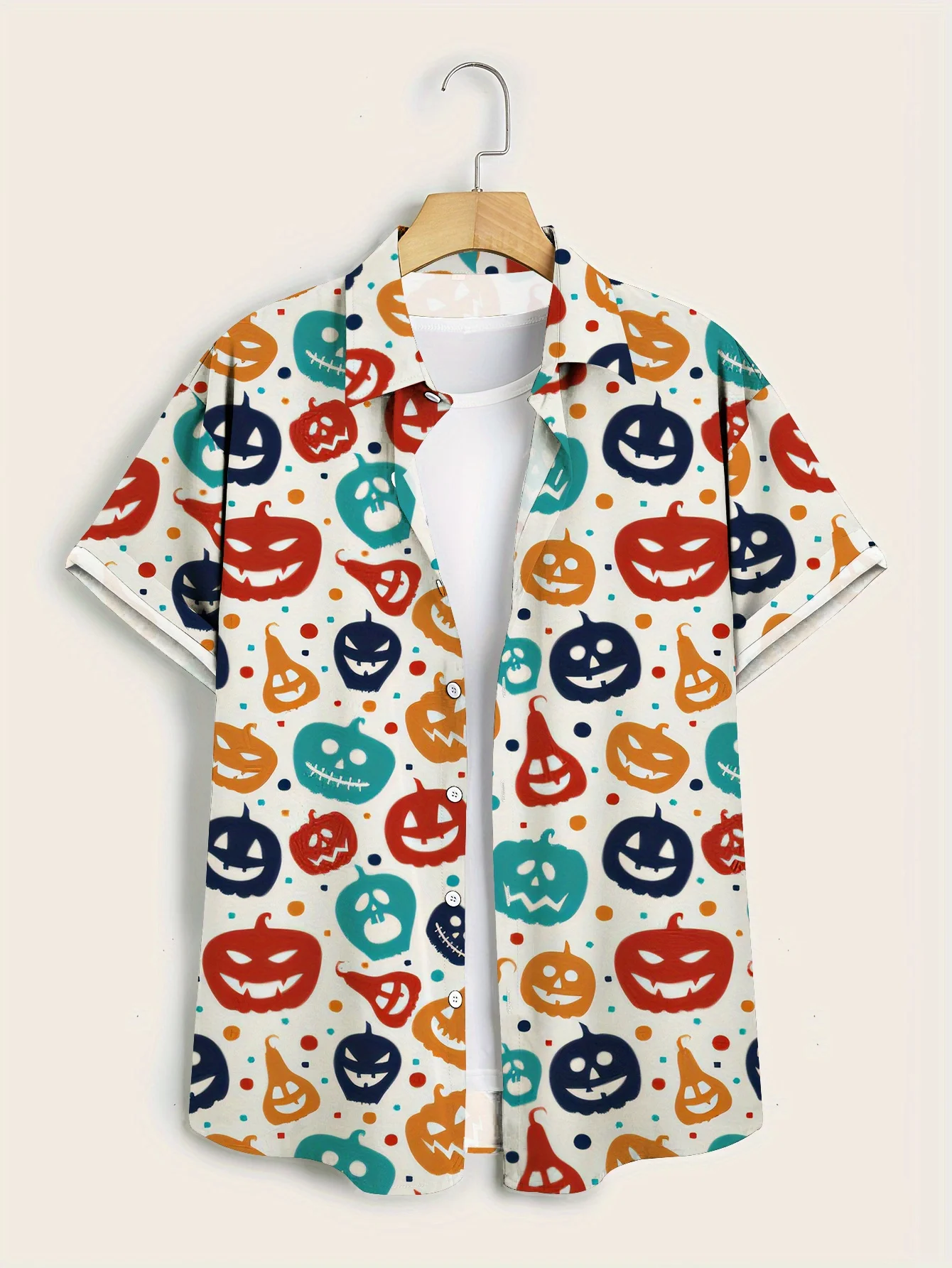 Men Halloween Colorful Cartoon Pumpkin Print Short Sleeve Shirt Lapel Collar Holiday Party Casual Tops