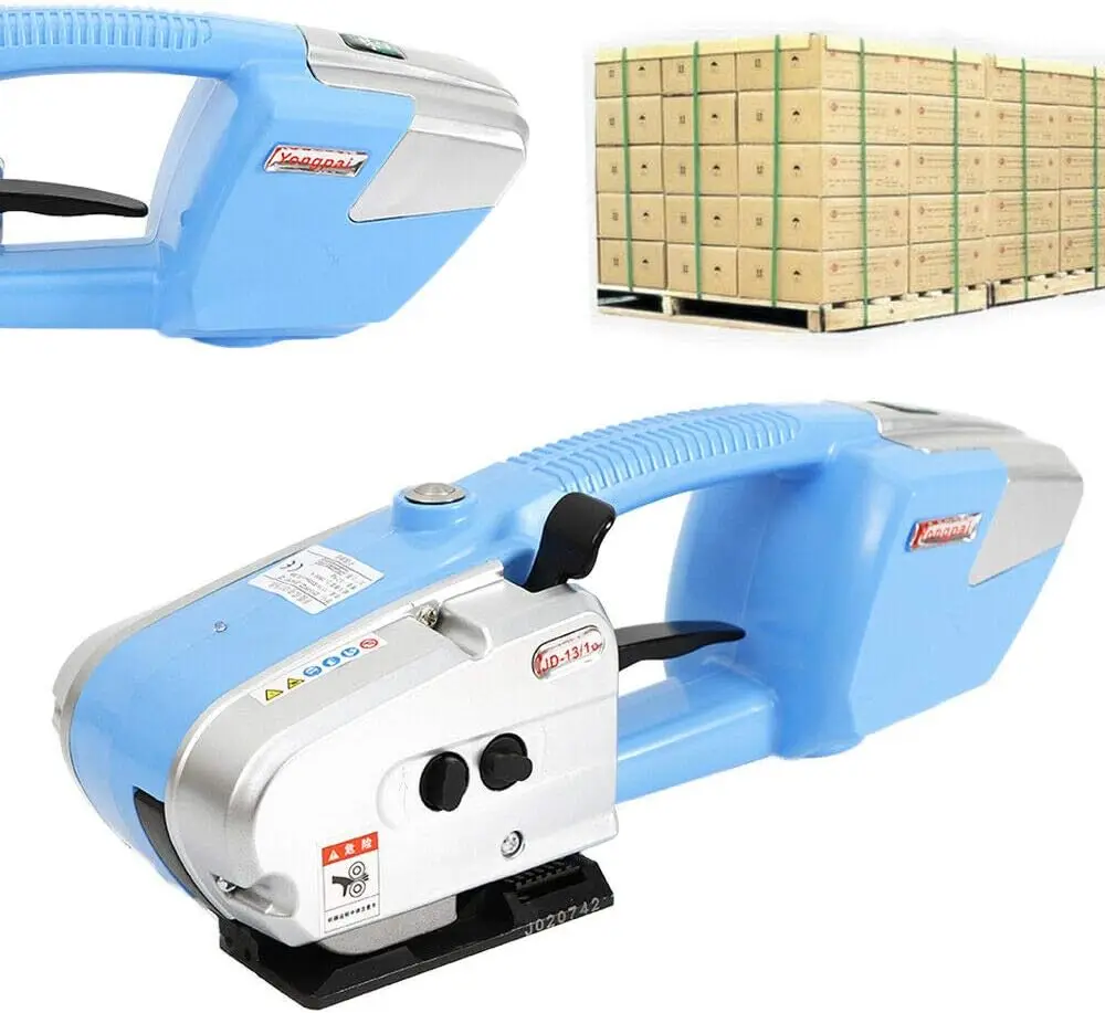 Máquina flejadora eléctrica para correa de PP/PET de 1/2-5/8 de pulgada de ancho, herramienta automática con paleta de caja de fusión en caliente de dos baterías de 4000mAh P