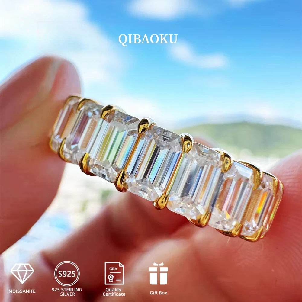 QIBAOKU 4*6mm Emerald Moissanite Ring S925 Silver Plated 18K Gold for Women Men 7-stone Lab Diamond Band Gift Jewelry GRA 2026
