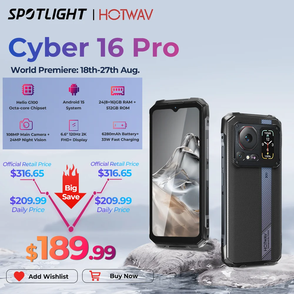 

HOTWAV Cyber 16 Pro Rugged Phone G100 108MP Mobile Phone 6.6'' FHD+ 2K Display 8GB 512GB Smartphone Android 15 Cellphone