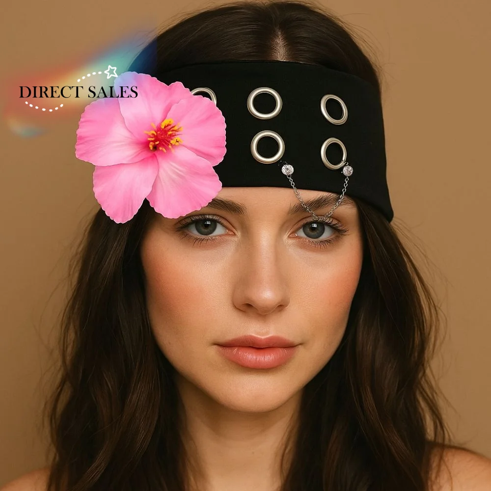 

Hibiscus Butterfly Orchid Knitted Hairband Y2K Hip-hop Flower Elastic Headband Breathable Wide Side Rhinestone Chain Headscarf