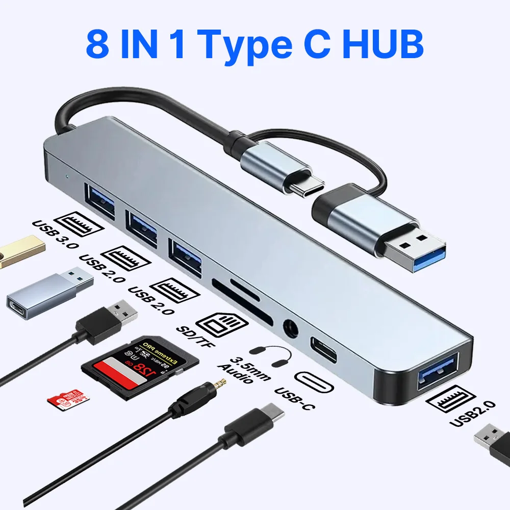 8 in 1 Hub USB Type C Adapter Docking Ststion USB 3.0 2.0 Port TF/SD Card Reader Audio Output Multi-hub Splitter for MacBook Pro