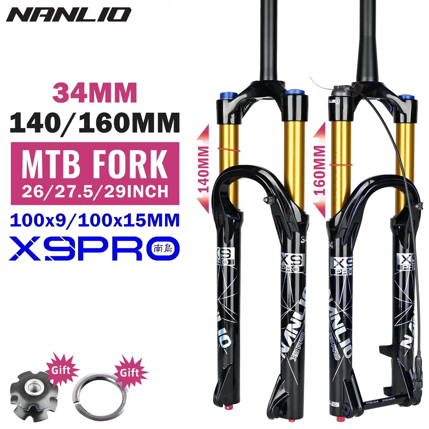 Bicycle Suspension Forks Nanlio X9 Pro MTB Bike Oil Air Fork 26 27.5 29 Inches 34MM 140/160MM With Metal Bushing