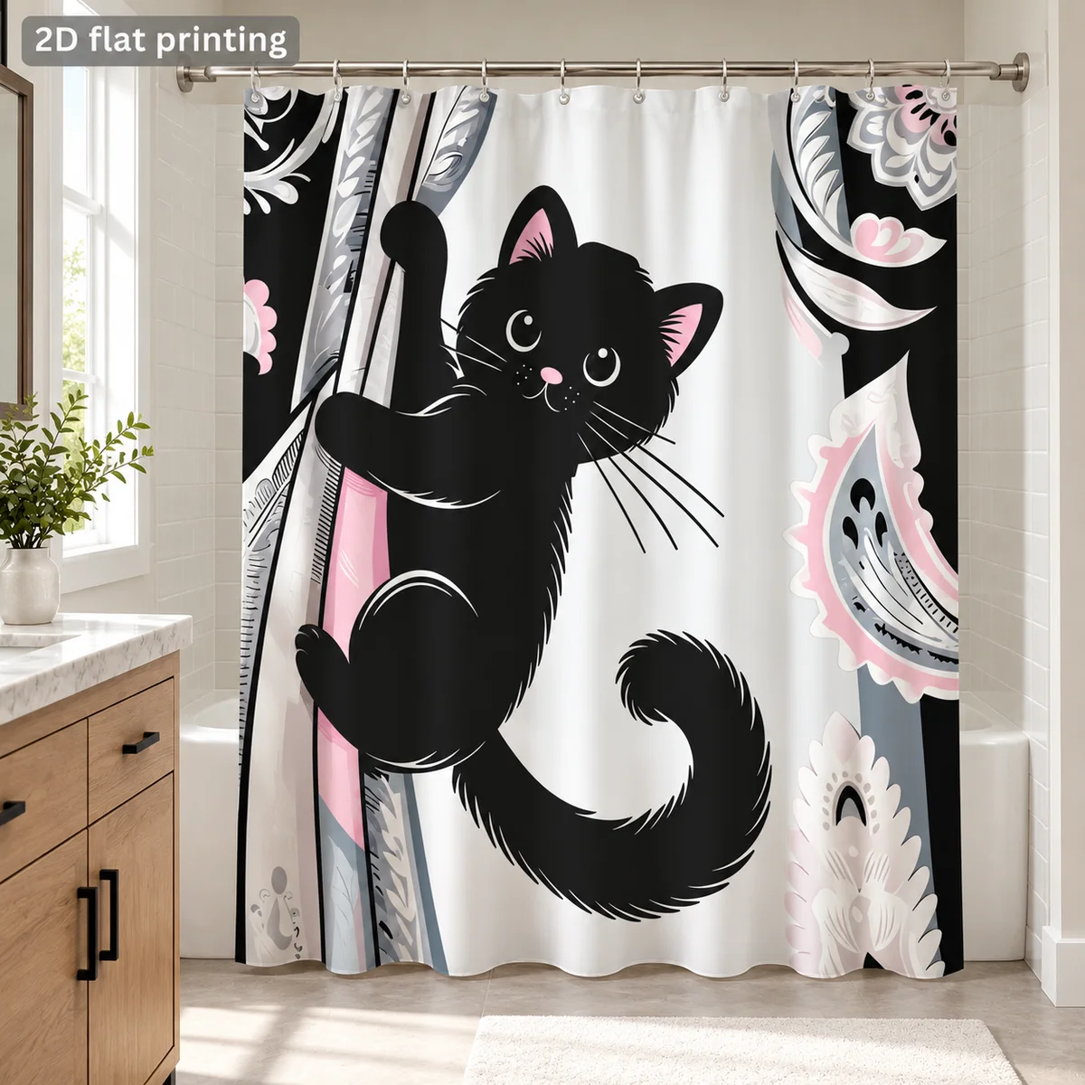 Cute Black Cat Shower Curtain Pink Floral Print Polyester Fabric Bathtub Curtain Cartoon Kitten Bathroom Decor Home Accessories