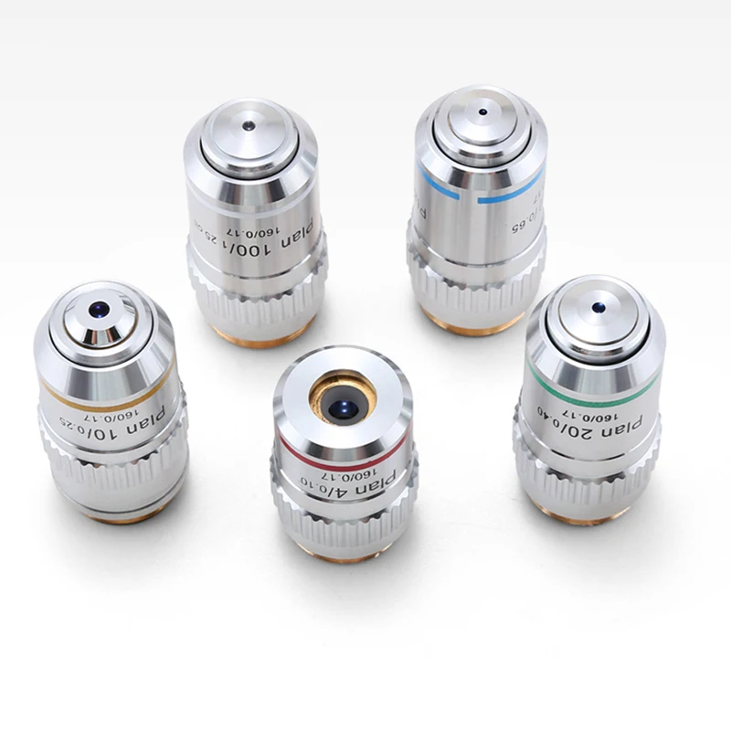 Lente de objetivo de Microscopio biológico, lente de objetivo acromático de vidrio de objeto acromático de Plan 195, accesorios de Microscopio profesional, 4X, 10X, 40X, 100X