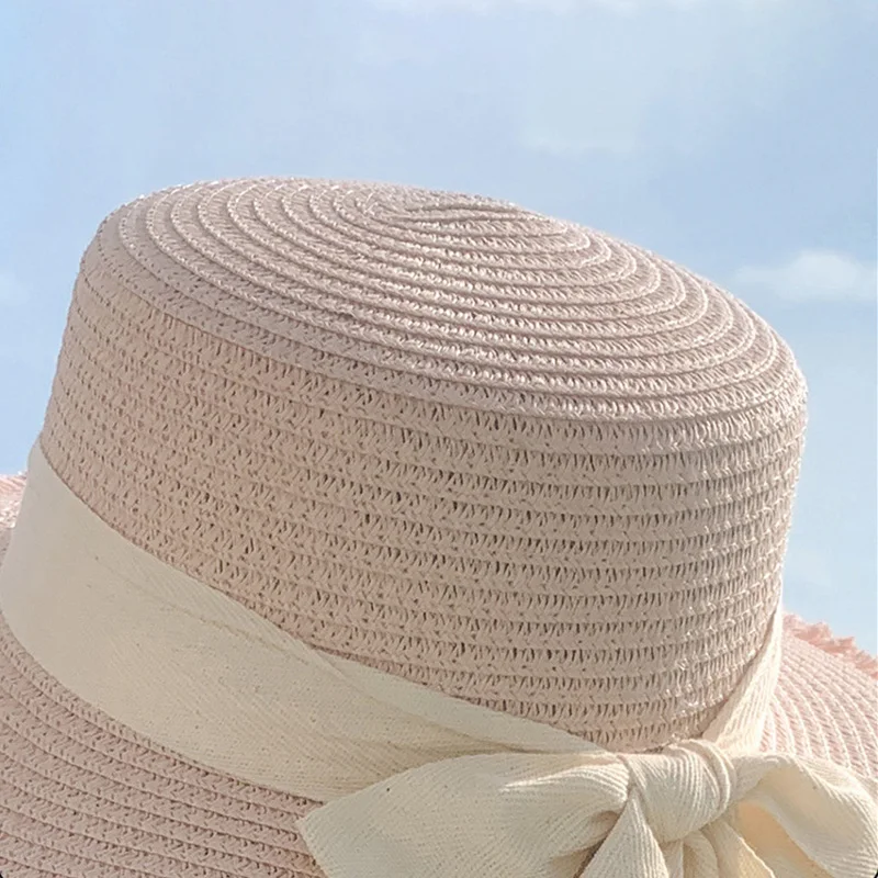 Bow Ribbon Straw Cover Cap Women Wide Brim Soft Top Sun Protection Hat Summer Sunshade Visors Female Vacation Beach Accessories