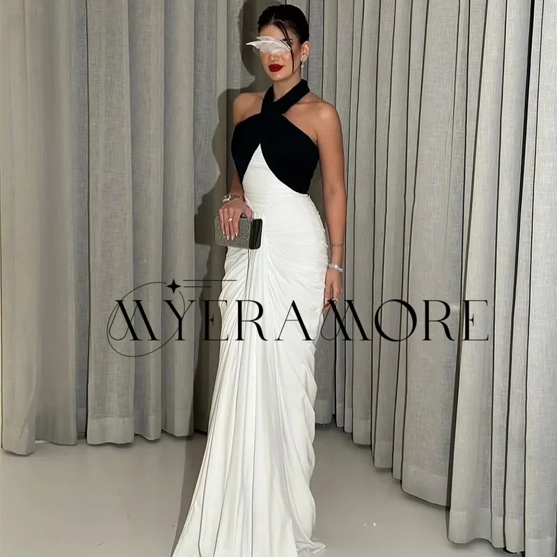 

Contrast Color Black White Evening Dresses Halter Mermaid Pleat Party Prom Gowns Customized فساتين سهرات