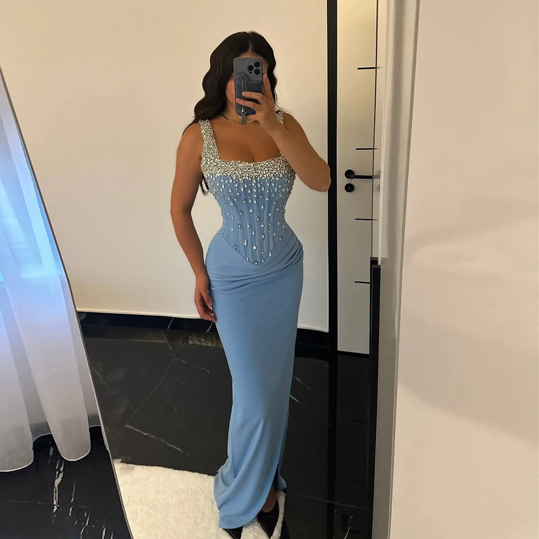 

Новое поступление, элегантное синее вечернее платье русалки с лифом из бисера со стразами и квадратным вырезом длиной до пола, торжественное платье