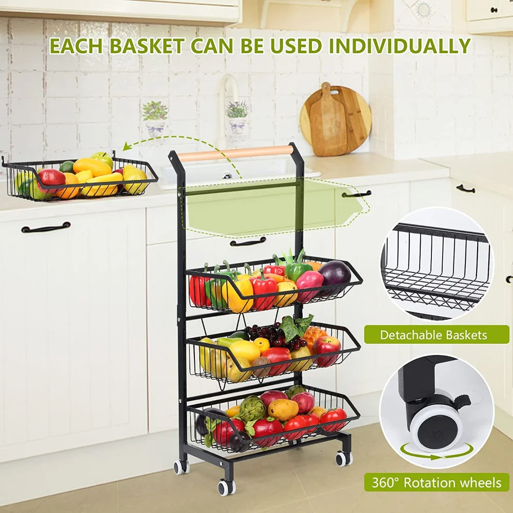 New 4 Tier Fruit Vegetable Storage Basket Rolling Cart with Handle and Wheels Black Kitchen Island Table